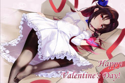 Rule 34 | 1girl, bare shoulders, black pantyhose, blue bow, blush, bow, box, brown hair, closed mouth, commentary request, detached sleeves, dress, feet, frilled dress, frills, gift, gift box, gradient hair, hair between eyes, hair bow, happy valentine, heart, heart-shaped box, holding, holding gift, kakumayu, layered sleeves, long sleeves, lying, multicolored hair, no shoes, on back, one side up, pantyhose, parted bangs, puffy short sleeves, puffy sleeves, red eyes, red hair, red ribbon, ribbon, ryuuou no oshigoto!, short over long sleeves, short sleeves, solo, strapless, strapless dress, valentine, white dress, white sleeves, yashajin ai