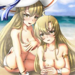 Rule 34 | 2girls, armlet, ass, beach, bikini, bikini bottom only, blonde hair, blue sky, blush, breasts, butt crack, cleavage, collarbone, covering privates, covering breasts, day, downpants, embarrassed, free note017, hat, langrisser, large breasts, lying, multiple girls, ocean, on side, on stomach, outdoors, rana (langrisser), riana (langrisser), siblings, sisters, sky, smile, string bikini, sun hat, swimsuit, topless, twins, white bikini, white headwear, yellow eyes