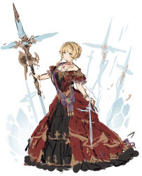 Rule 34 | 1girl, blonde hair, braid, dress, earrings, french braid, granblue fantasy, green eyes, hair intakes, highres, holding, holding polearm, holding weapon, jewelry, long dress, medium hair, necklace, polearm, red brooch, red dress, shimatani azu, sketch, solo, weapon, zeta (granblue fantasy)