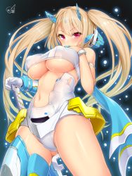 Rule 34 | 1girl, armlet, asura ninja aoi, bare shoulders, black background, blonde hair, blue scarf, blush, bracelet, breasts, chestnut mouth, commentary request, covered erect nipples, doyouwantto, floating hair, from below, gloves, glowing, gluteal fold, hair between eyes, hair intakes, hand on hilt, hand on own chest, hand up, headgear, highres, jewelry, large breasts, leotard, light particles, long hair, looking at viewer, megami device, navel, open mouth, parted bangs, pink eyes, puffy nipples, scarf, shiny clothes, shiny skin, signature, single glove, single thighhigh, solo, standing, stomach, thighhighs, thighs, twintails, underboob, very long hair, white gloves, white leotard