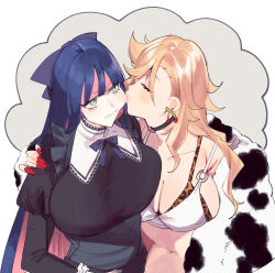 Rule 34 | 2girls, animal print, bikini, black dress, blonde hair, blue hair, blunt bangs, blush, bow, breasts, cherry, choker, cleavage, clenched teeth, closed eyes, coat, collarbone, colored inner hair, cow print, dress, earrings, fingernails, food, fruit, fur coat, fur trim, gothic lolita, green eyes, hair bow, hand on another&#039;s shoulder, highres, incest, jewelry, juliet sleeves, kiss, kissing cheek, large breasts, leopard print, lolita fashion, long fingernails, long hair, long sleeves, mayana (bbpp), midriff, multicolored hair, multiple girls, nail polish, navel, o-ring, o-ring top, panty &amp; stocking with garterbelt, panty (psg), pink hair, puffy sleeves, red nails, ribbon, siblings, simple background, sisters, stocking (psg), swimsuit, teeth, two-tone hair, upper body, very long hair, yuri