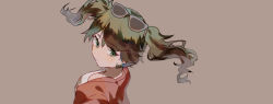 Rule 34 | 1girl, brown background, closed mouth, commentary request, earrings, expressionless, eyewear on head, green eyes, green hair, hatsune miku, jacket, jewelry, lobelia (saclia), long hair, looking at viewer, red jacket, shirt, simple background, solo, suna no wakusei (vocaloid), sunglasses, twintails, upper body, vocaloid, white shirt