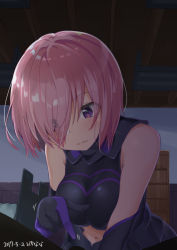Rule 34 | 1boy, 1girl, armor, armored dress, bare shoulders, blush, breasts, cleavage cutout, clothing cutout, elbow gloves, fate/grand order, fate (series), gloves, hair over one eye, large breasts, light purple hair, looking down, mash kyrielight, mokyutan, navel, navel cutout, partially submerged, pov, purple eyes, purple gloves, sexually suggestive, short hair, thighs