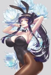 Rule 34 | 1girl, absurdres, animal ears, armpits, arms up, bare shoulders, black hair, black leotard, blunt bangs, breasts, cleavage, commentary request, covered erect nipples, covered navel, cowboy shot, damegane, detached collar, fake animal ears, flower, highres, large breasts, leotard, lidia (damegane), lipstick, long hair, looking at viewer, makeup, original, pale skin, pantyhose, parted lips, playboy bunny, ponytail, rabbit ears, rabbit tail, red eyes, simple background, smile, solo, strapless, strapless leotard, tail, wrist cuffs