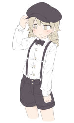 Rule 34 | 1girl, arm up, bad id, bad pixiv id, black bow, black bowtie, black hat, black shorts, blush, bow, bowtie, brown eyes, cabbie hat, closed mouth, collared shirt, dress shirt, hair between eyes, hand on headwear, hat, idolmaster, idolmaster cinderella girls, light brown hair, light smile, long hair, looking away, looking to the side, morikubo nono, pantyhose, ringlets, shirt, short shorts, shorts, simple background, solo, suspender shorts, suspenders, uccow, white background, white shirt