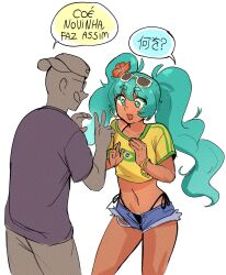 Rule 34 | 1boy, 1girl, aqua eyes, aqua hair, aqua pubic hair, backwards hat, bikini, bikini under clothes, blue shorts, bracelet, brazilian flag, brazilian flag print, brazilian miku, collarbone, colored pubic hair, cowboy shot, crop top, cropped shirt, cutoffs, denim, denim shorts, eyewear on head, female pubic hair, flower, gang sign, glass, hair flower, hair ornament, halftone, hands up, hat, hatsune miku, highleg, highleg bikini, highres, jewelry, long hair, looking at another, micro shorts, midriff, multiple bracelets, navel, open fly, open mouth, pants, partially translated, portuguese commentary, portuguese text, print shirt, pubic hair, pubic hair peek, purple shirt, red flower, shirt, short shorts, short sleeves, shorts, side-tie bikini bottom, sidelocks, simple background, smile, solo focus, speech bubble, sunglasses, swept bangs, swimsuit, tan, tanline peek, teaching, translation request, twintails, v, very long hair, vitoriacampos5, vocaloid, white background, yellow shirt