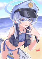 Rule 34 | 1girl, beach, bikini, blue archive, blue bikini, blue sky, breasts, crab, egoist (mashimashiy), grey eyes, grey hair, hair over eyes, hat, highres, looking at viewer, ocean, official alternate costume, sand, sky, small breasts, solo, swimsuit, valkyrie police academy student (blue archive)