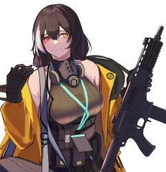 Rule 34 | 1girl, 3 small spiders, absurdres, ammunition belt, arm up, bag, bare shoulders, black gloves, black hair, blush, breasts, brown sweater vest, closed mouth, clothes pull, colt 9mm smg, commentary, gas mask, girls&#039; frontline, gloves, gun, hair ornament, hairclip, heterochromia, highres, holding, holding gun, holding weapon, id card, jacket, jacket pull, long hair, looking at viewer, mask, mask around neck, medium breasts, multicolored hair, open clothes, open jacket, red eyes, ro635 (girls&#039; frontline), ro635 (mod3) (girls&#039; frontline), skirt, smile, solo, streaked hair, submachine gun, sweater vest, upper body, weapon, white background, yellow eyes, yellow jacket
