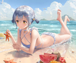 Rule 34 | 1girl, animal, bare arms, bare legs, bare shoulders, barefoot, beach, bikini, bird, blue bikini, blue sky, blush, chinese commentary, choker, closed mouth, cloud, coconut, collarbone, commentary request, crab, crazy straw, day, double bun, drinking straw, feet, feet up, flat chest, flower, food, frilled bikini, frills, fruit, full body, hair between eyes, hair bun, hair ornament, hairclip, haneru, haori haruki, hibiscus, himitsu no jugyou, holding, holding animal, horizon, looking at animal, lying, mixed-language commentary, ocean, on stomach, original, outdoors, plaid, plaid bikini, red flower, sand, seagull, short hair, signature, silver hair, sky, smile, solo, starfish, swimsuit, the pose, two side up, water, watermelon, wet, white choker, yellow eyes