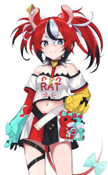 Rule 34 | 1girl, absurdres, animal ears, asymmetrical hair, asymmetrical sleeves, bad id, bad twitter id, bare shoulders, black collar, black hair, black skirt, blue bow, blue eyes, bow, breasts, cheese, closed mouth, clothes writing, collar, cowboy shot, detached sleeves, eyelashes, food, gloves, h9 99999, hair between eyes, hakos baelz, hand on own hip, highres, hololive, hololive english, jewelry, key, key necklace, korean commentary, looking at viewer, medium breasts, medium hair, midriff, miniskirt, mismatched sleeves, mouse ears, mouse girl, mouse tail, mousetrap, multicolored clothes, multicolored hair, multicolored skirt, navel, necklace, off-shoulder shirt, off shoulder, red hair, red skirt, shirt, simple background, single glove, skirt, smile, solo, spiked collar, spikes, standing, streaked hair, stuffed animal, stuffed toy, tail, tail bow, tail ornament, thigh strap, thighs, twintails, virtual youtuber, white background, white hair, white shirt, white skirt