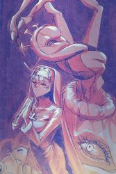 Rule 34 | 1girl, blue background, crown, double (skullgirls), dual persona, extra eyes, closed eyes, highres, monster, nun, own hands together, praying, skullgirls, solo, tentacles