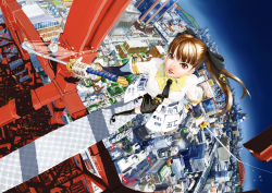 Rule 34 | brown hair, chitose shuusui, city, gloves, highres, katana, lips, necktie, original, perspective, red eyes, sword, weapon