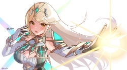 Rule 34 | 1girl, bare shoulders, blonde hair, breasts, chest jewel, cleavage, cleavage cutout, clothing cutout, dress, earrings, elbow gloves, gloves, hey cre, highres, jewelry, large breasts, long hair, mythra (xenoblade), short dress, swept bangs, tiara, very long hair, white dress, white gloves, xenoblade chronicles (series), xenoblade chronicles 2, yellow eyes