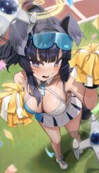 Rule 34 | 1girl, absurdres, black hair, blue archive, blue eyes, cheerleader, hibiki (blue archive), highres, kongsi, looking at viewer, open mouth, solo