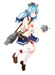 Rule 34 | 1girl, allenes, aqua hair, bell, blue hair, blush, braid, breasts, cannon, covering privates, covering breasts, damaged, fubuki (warship girls r), full body, hair ribbon, headgear, kneehighs, knees together feet apart, loafers, long hair, looking at viewer, mecha musume, microskirt, neckerchief, official art, one eye closed, open mouth, pleated skirt, purple eyes, ribbon, school uniform, serafuku, shirt, shoe dangle, shoes, simple background, single braid, skirt, small breasts, socks, solo, standing, torn clothes, torn shirt, torn skirt, tress ribbon, turret, warship girls r, white background, white socks