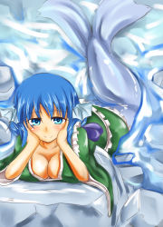 Rule 34 | 1girl, arm support, blue eyes, blue hair, breasts, cleavage, fins, head fins, japanese clothes, kimono, looking at viewer, matching hair/eyes, mermaid, monster girl, obi, pirorun, sash, smile, solo, touhou, wakasagihime, water