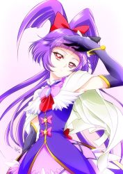 Rule 34 | 1girl, ascot, black bow, blunt bangs, bow, cape, cure magical, elbow gloves, floating hair, gloves, hair bow, head tilt, izayoi liko, jacket, long hair, mahou girls precure!, miniskirt, parted lips, pink bow, pink skirt, precure, purple gloves, purple hair, purple jacket, red ascot, red bow, red eyes, skirt, sleeveless, sleeveless jacket, solo, standing, tomo5656ky, very long hair, white background, white cape