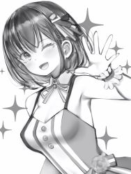 Rule 34 | 1girl, armpits, azki (3rd costume) (hololive), azki (hololive), breasts, cleavage, dress, facial mark, greyscale, highres, hololive, medium breasts, medium hair, monochrome, nanashi (nlo), one eye closed, open mouth, smile, solo, sparkle, upper body, virtual youtuber, wrist cuffs