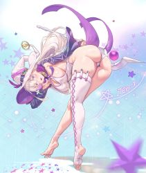 Rule 34 | 1girl, ass, barefoot, bent over, braid, breasts, cleavage, feet, from behind, hat, highres, large breasts, long hair, magical girl, mole, mole under eye, muloli, open mouth, original, purple eyes, rostina cosmos, single thighhigh, soles, solo, staff, star (symbol), sweat, thighhighs, thighs, toeless legwear, toes, white hair, witch hat