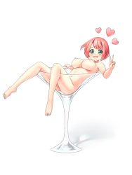 Rule 34 | 1girl, aposine, bad id, bad tumblr id, barefoot, blush, breasts, cocktail glass, completely nude, cup, drinking glass, feet, female focus, full body, glass, green eyes, hand up, heart, highres, konoka (aposine), large breasts, looking at viewer, lying, navel, nipples, nude, on back, open mouth, original, pink hair, short hair, simple background, smile, solo, sweat, v, white background