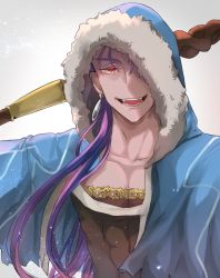 Rule 34 | 1boy, blue shawl, comeow1208, cu chulainn (caster) (fate), cu chulainn (fate), cu chulainn (fate/stay night), earrings, fang, fate/grand order, fate (series), grey background, hood, jewelry, long hair, looking at viewer, male focus, pectorals, purple hair, red eyes, see-through, shawl, simple background, smile, solo, staff, upper body