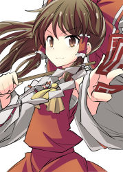 Rule 34 | &gt;:), 1girl, arm garter, ascot, bow, brown eyes, brown hair, closed mouth, cowboy shot, detached sleeves, floating hair, foreshortening, gohei, hair bow, hair tubes, hakurei reimu, japanese clothes, long hair, long sleeves, looking at viewer, miko, ofuda, red bow, red shirt, red skirt, ribbon-trimmed sleeves, ribbon trim, sarashi, shirt, sidelocks, skirt, skirt set, sleeveless, sleeveless shirt, solo, suichuu hanabi, touhou, v-shaped eyebrows, white background, wide sleeves