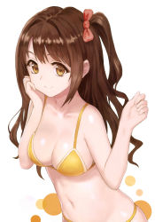 Rule 34 | 1girl, absurdres, bikini, bow, breasts, brown eyes, brown hair, cleavage, closed mouth, cowboy shot, hair bow, hair intakes, hand on own cheek, hand on own face, highres, idolmaster, idolmaster cinderella girls, leaning forward, long hair, looking at viewer, medium breasts, meto31, navel, non-web source, one side up, scan, shimamura uzuki, simple background, smile, solo, swimsuit, white background, yellow bikini