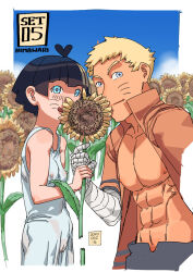 Rule 34 | 1boy, 1girl, 2020, abs, ac120, bandaged arm, bandaged hand, bandages, bare shoulders, black hair, blonde hair, blue eyes, boruto: naruto next generations, character name, closed mouth, collarbone, collared shirt, covered erect nipples, cowboy shot, dated, dress, facial mark, father and daughter, flat chest, flower, highres, holding, holding flower, long sleeves, looking at viewer, muscular, muscular male, naruto (series), nipples, open clothes, open shirt, orange shirt, outdoors, pussy, shirt, short hair, sky, sleeveless, sleeveless dress, smile, standing, sunflower, tongue, tongue out, uzumaki himawari, uzumaki naruto, whisker markings, white dress