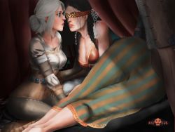 Rule 34 | 2girls, age difference, arcincub, ass, black hair, blindfolded, breasts, ciri, geralt of rivia, green eyes, magical girl, mature female, multiple girls, philippa eilhart, short twintails, the witcher (series), twintails, white hair