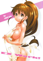 Rule 34 | 1girl, absurdres, apron, ass, breasts, brown eyes, brown hair, cover, cover page, flat ass, haritama hiroki, highres, large breasts, long hair, naked apron, ponytail, sideboob, solo, taneshima popura, working!!