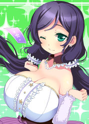 Rule 34 | 10s, 1girl, blush, breasts, cleavage, earrings, female focus, green eyes, highres, jewelry, large breasts, long hair, love live!, love live! school idol festival, love live! school idol project, low ponytail, one eye closed, ponytail, purple hair, solo, sparkle, suzune rai, tojo nozomi, twintails