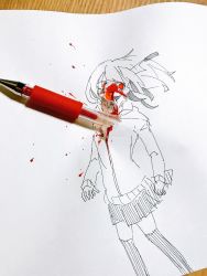 Rule 34 | 1girl, blood, blood splatter, collared shirt, commentary, greyscale, highres, hood, hooded jacket, jacket, knife in head, long sleeves, looking past viewer, looking to the side, monochrome, object through head, original, outo eguchi, outo eguchi&#039;s red highlight girl, over-kneehighs, paper (medium), pen, pen (medium), photo (medium), pleated skirt, red eyes, shirt, short hair, skirt, solo, spot color, symbol-only commentary, thighhighs, unconventional media