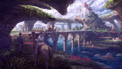Rule 34 | 1boy, 1girl, arch, bird, boots, bride, bridge, brown hair, building, castle, cloud, cloudy sky, dome, fantasy, flower, flying, forest, head scarf, horse, horseback riding, long hair, mountain, nature, noba, on ground, outdoors, pants, path, people, ponytail, riding, river, road, robe, scenery, sitting, sky, spire, stairs, standing, tree