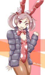 Rule 34 | 1girl, akai akasaki, alternate costume, animal, animal ears, animal on head, bow, bowtie, brown pantyhose, coat, cowboy shot, detached collar, fake animal ears, grey jacket, hair bobbles, hair ornament, jacket, kantai collection, leotard, looking at viewer, on head, open mouth, pantyhose, pink eyes, pink hair, playboy bunny, rabbit, rabbit ears, rabbit on head, red bow, red bowtie, red leotard, sazanami (kancolle), short hair, smile, solo, standing, strapless, strapless leotard, twintails, twitter username, winter clothes, winter coat