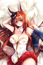 Rule 34 | 1girl, akagi (azur lane), animal ears, arm up, azur lane, bare shoulders, bed sheet, black gloves, blunt bangs, breasts, brown hair, cleavage, collarbone, cowboy shot, fang, fox ears, fox tail, gloves, hakama, hakama short skirt, hakama skirt, hand on own head, highres, japanese clothes, large breasts, long hair, looking at viewer, lying, multiple tails, on back, partially fingerless gloves, pink eyes, pleated skirt, putimaxi, skirt, solo, tail, twitter username, very long hair