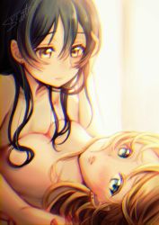 Rule 34 | 10s, 2girls, asymmetrical docking, ayase eli, blonde hair, blue eyes, blue hair, breast press, breasts, brown eyes, chromatic aberration, completely nude, earrings, girl on top, hair between eyes, hair down, hand in own hair, highres, jewelry, lilylion26, long hair, looking at another, looking at viewer, love live!, love live! school idol project, lying, medium breasts, multiple girls, nail polish, nude, on back, parted lips, red nails, signature, smile, sonoda umi, yuri