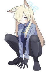 Rule 34 | 1girl, absurdres, animal ear fluff, animal ears, black footwear, blonde hair, blue archive, blue eyes, blue halo, blue necktie, blue shirt, closed mouth, collared shirt, dog ears, extra ears, full body, hair over one eye, halo, highres, kanna (blue archive), looking at viewer, nagumo uka, necktie, pantyhose, police, police uniform, policewoman, shirt, solo, squatting, sweatdrop, tie clip, uniform