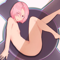 Rule 34 | 1girl, absurdres, alternate breast size, eyes visible through hair, fate/grand order, fate (series), flat chest, hair over one eye, highres, mash kyrielight, mmmmmkun, nipples, nude, pink eyes, pink hair, short hair, solo, tattoo