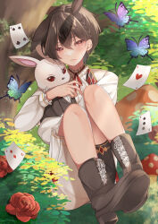 Rule 34 | 2boys, absurdres, ace (playing card), ace of hearts, alice in wonderland, alternate costume, animal ears, black footwear, blue butterfly, boots, brown hair, bug, butterfly, card, closed mouth, ensemble stars!, four of clubs, green butterfly, heart, highres, insect, male focus, multicolored butterfly, multiple boys, playing card, purple butterfly, rabbit, rabbit boy, rabbit ears, red eyes, rimua (shiroru), sakuma ritsu, shirt, short hair, shorts, sitting, solo, three of spades, two of diamonds, white fur, white rabbit (alice in wonderland), white shirt, white shorts