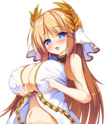 Rule 34 | 1girl, azur lane, bare shoulders, blonde hair, blue eyes, blush, breasts, chain, cleavage, commentary, covered erect nipples, flower ornament, grabbing own breast, hair ornament, kuro75268, large breasts, laurel crown, long hair, looking at viewer, navel, open mouth, sleeveless, solo, upper body, veil, victorious (azur lane)