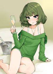 Rule 34 | 1girl, alcohol, arm support, bad id, bad twitter id, bare legs, bare shoulders, blue eyes, blush, champagne bottle, champagne flute, commentary, cup, drinking glass, feet out of frame, green eyes, green hair, heterochromia, highres, holding, holding cup, holding drinking glass, ice bucket, idolmaster, idolmaster cinderella girls, jewelry, looking at viewer, mole, mole under eye, necklace, off-shoulder, off-shoulder sweater, off shoulder, omaru gyuunyuu, parted lips, short hair, short shorts, shorts, sitting, sleeves past wrists, smile, solo, sweater, takagaki kaede