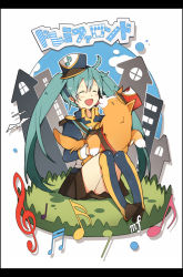Rule 34 | 1girl, aqua hair, dog, doremifa rondo (vocaloid), closed eyes, hat, hatsune miku, hippos, letterboxed, long hair, musical note, open mouth, sitting, skirt, solo, thighhighs, twintails, very long hair, vocaloid