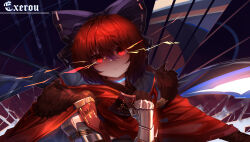 Rule 34 | 1girl, absurdres, armor, black bow, bow, closed mouth, commentary request, glowing, glowing eyes, hair bow, highres, looking at viewer, red eyes, red hair, sekibanki, signature, solo, top-exerou, touhou, upper body
