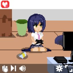 Rule 34 | 1girl, ?, animated, animated gif, arm support, blue hair, box, grabbing another&#039;s breast, clothing aside, controller, cum, cum in pussy, disembodied penis, closed eyes, fingering, game controller, grabbing, groping, lowres, mind control, missionary, multitasking, necktie, nijisanji, on ground, panties, panties aside, penis, pink eyes, pink neckwear, pixel art, playing games, sex, shizuka rin, short hair, sitting, skirt, television, testest, tongue, tongue out, trash can, underwear, user interface, vaginal, virtual youtuber, wariza