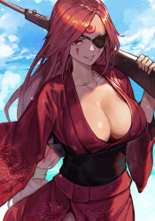 Rule 34 | 1girl, amputee, baiken, breasts, cleavage, cloud, cloudy sky, eyepatch, facial mark, facial tattoo, floral print kimono, forehead tattoo, guilty gear, guilty gear strive, gun, holding, holding gun, holding weapon, hungry clicker, japanese clothes, kimono, large breasts, long hair, long sleeves, looking at viewer, one-eyed, outdoors, parted bangs, parted lips, pink lips, red eyes, red hair, red kimono, rifle, scar, scar across eye, scar on face, sky, sleeves past wrists, smile, solo, tattoo, traditional clothes, weapon, wide sleeves, yukata