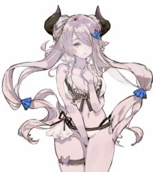 Rule 34 | 1girl, bare shoulders, between legs, bikini, breasts squeezed together, breasts, cleavage, cowboy shot, earrings, floating hair, granblue fantasy, grey eyes, hair ornament, hair over one eye, hairclip, hand between legs, hand up, highres, horns, jewelry, large breasts, long hair, looking at viewer, narmaya (granblue fantasy), narmaya (summer) (granblue fantasy), navel, neko (ganecooo), one eye covered, parted lips, pink hair, pointy ears, simple background, solo, standing, star (symbol), star earrings, swimsuit, thigh strap, very long hair, white background, white bikini