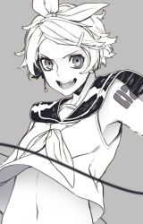 Rule 34 | 1girl, :d, absurdres, grey background, greyscale, hair ornament, hairband, hairclip, highres, kagamine rin, looking at viewer, monochrome, navel, neckerchief, open mouth, reiga (act000), school uniform, serafuku, shirt, short hair, shoulder tattoo, simple background, smile, solo, tattoo, upper body, vocaloid