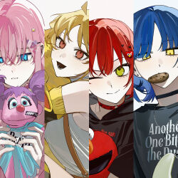 4girls abby_cadabby aqua_eyes bag big_bird_(sesame_street) black_choker black_shirt blonde_hair blue_hair bocchi_the_rock! bracelet breasts cellphone cellphone_charm charm_(object) choker clothes_writing commentary_request cookie_monster cube_hair_ornament detached_sleeves earrings elmo flower food gotoh_hitori green_eyes grey_background hair_between_eyes hair_flower hair_ornament hairclip hand_puppet heart heart_hair_ornament highres holding holding_phone hood hood_down ijichi_nijika instrument jacket jewelry k00s kessoku_band kita_ikuyo kneehighs long_hair long_sleeves looking_at_viewer medium_breasts mouth_hold multiple_girls o-ring o-ring_choker one_eye_closed one_side_up open_mouth pants phone pink_hair pink_jacket pink_pants puppet red_choker red_eyes red_hair sesame_street shirt short_hair short_sleeves side_ponytail simple_background sleeveless sleeveless_shirt smartphone smartphone_case smile socks solo striped_clothes striped_sleeves striped_socks track_jacket track_pants upper_body v very_long_hair white_shirt wispy_bangs yamada_ryo yellow_eyes