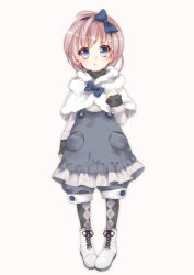 Rule 34 | 1girl, :&lt;, argyle, argyle clothes, argyle legwear, blue eyes, bow, capelet, child, dress, ech, full body, grey dress, hair bow, hair ribbon, hairband, looking at viewer, original, pantyhose, pigeon-toed, ribbon, shorts, silver hair, simple background, solo, white background