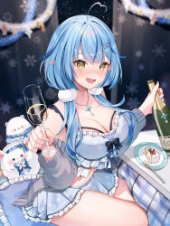 Rule 34 | 1girl, absurdres, ahoge, alcohol, bare shoulders, blue hair, blush, bra, bra peek, breasts, bustier, cake, champagne, champagne flute, cleavage, cup, cupless bra, drinking glass, food, frills, hair over shoulder, heart, heart ahoge, highres, hololive, kotatsu, large breasts, looking at viewer, midriff, miniskirt, navel, open mouth, pointy ears, runlan 0329, sitting, skirt, smile, snowflake print, solo, table, twintails, under kotatsu, under table, underwear, virtual youtuber, yellow eyes, yukihana lamy